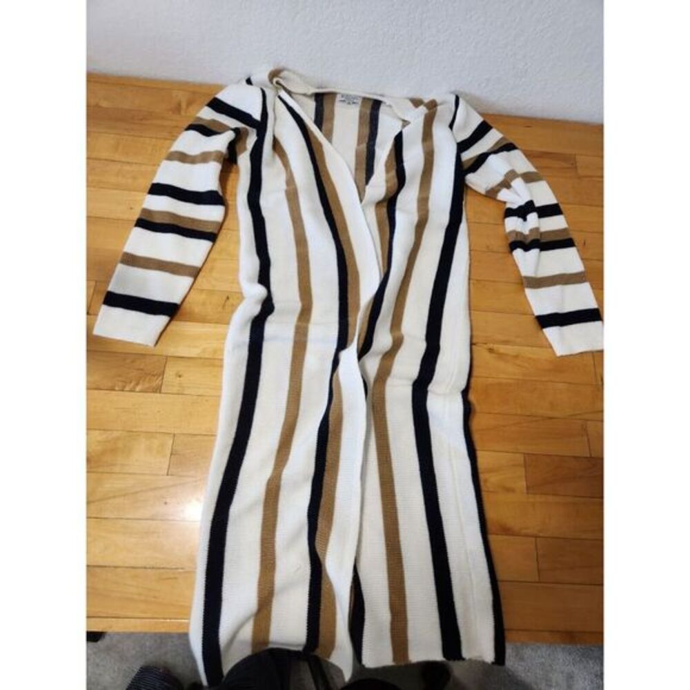 Baciano‎ Striped Longline Duster Cardigan White Black Tan Wool Blend Small